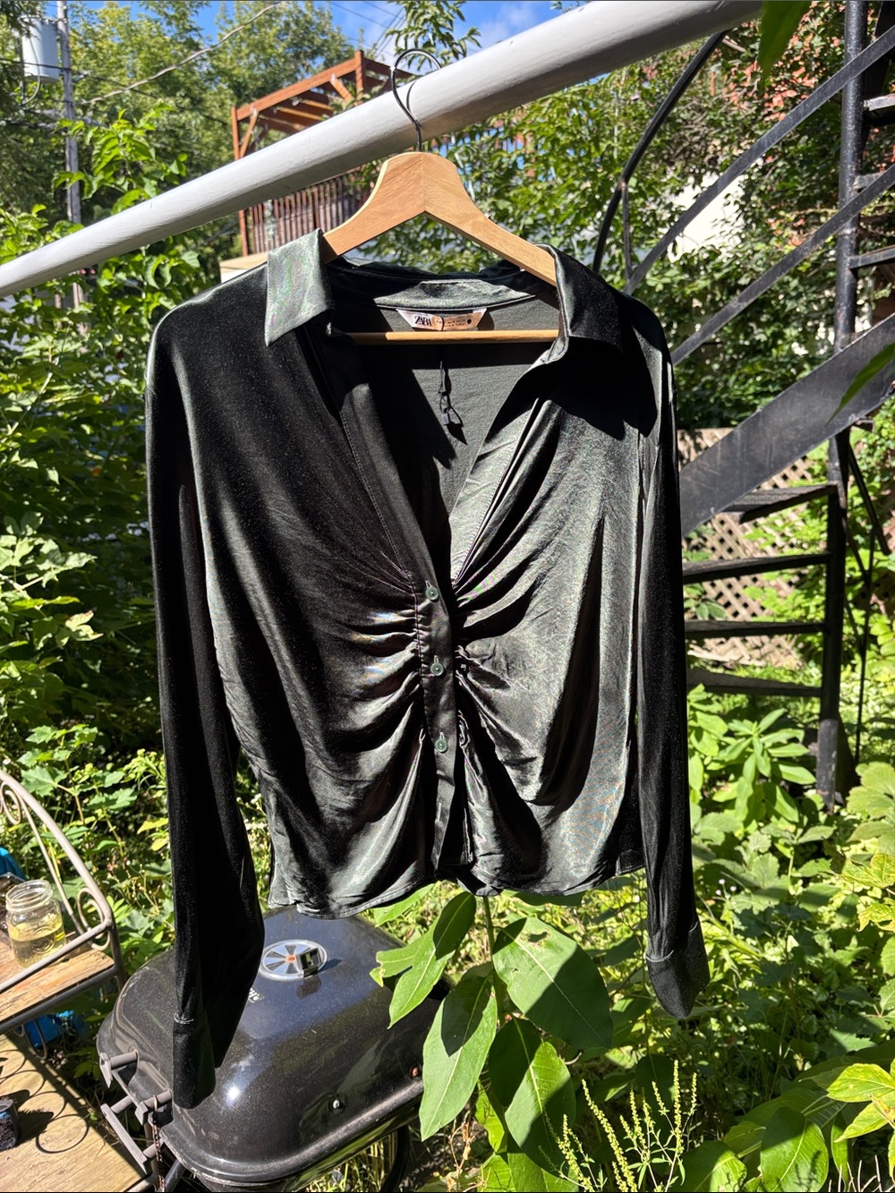 Zara Black Satin-Look Ruched Button-Front Shirt